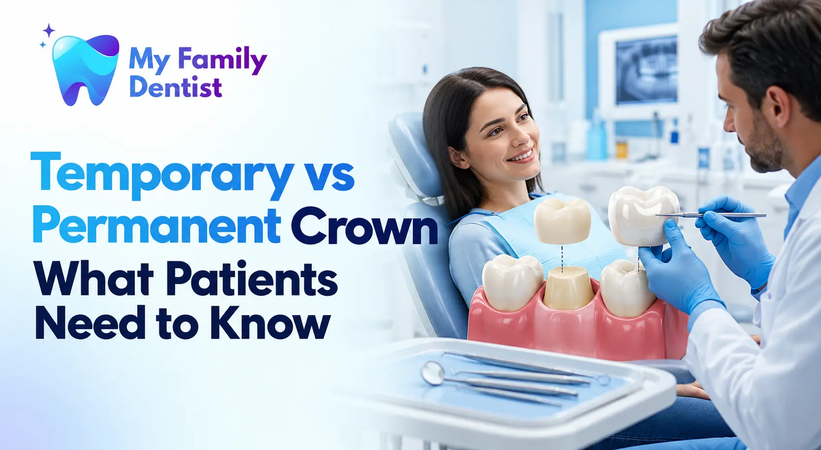 Comparison of a temporary dental crown and a permanent dental crown used to protect a tooth
